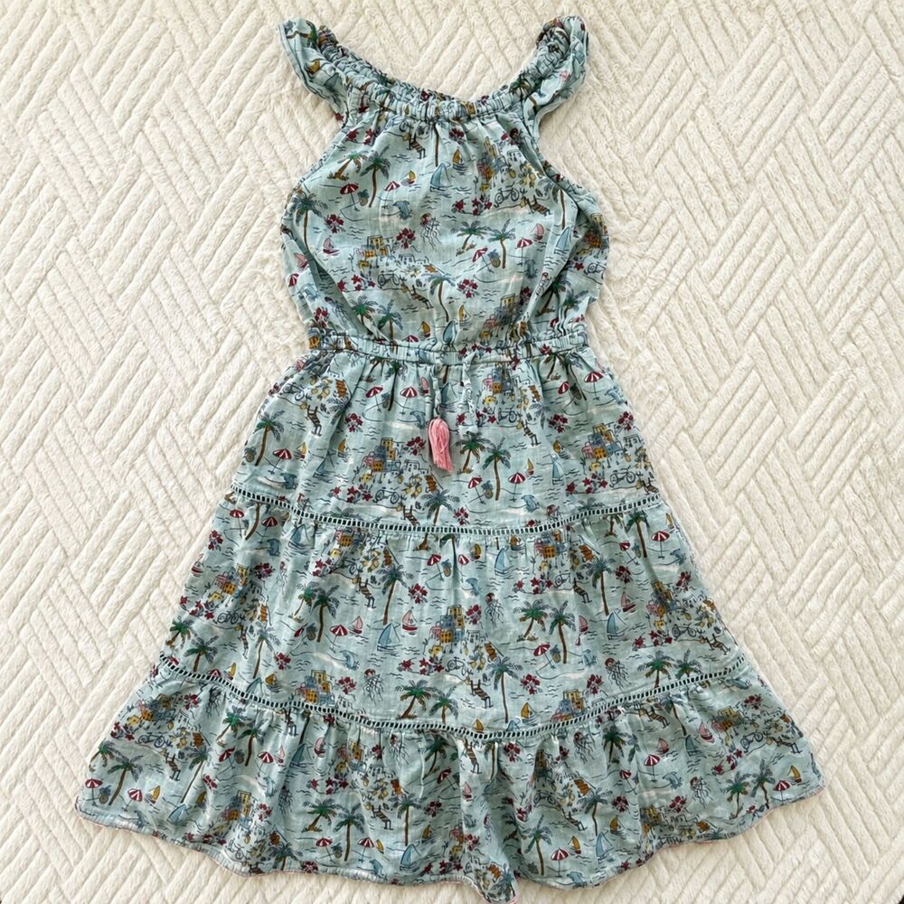 Fat Face Girls Size 7-8Y Beach Print Tiered Dress Aqua Tassel Summer Cotton Boho